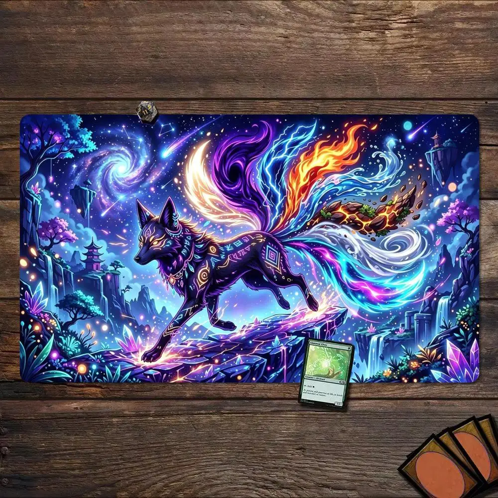 Cosmic Neon Nine-Tailed Fox Floral Spirit Dragon TCG Playmat 35X60CM MTG Battle Mat Non-Slip Stitched Edge Large Table Pad