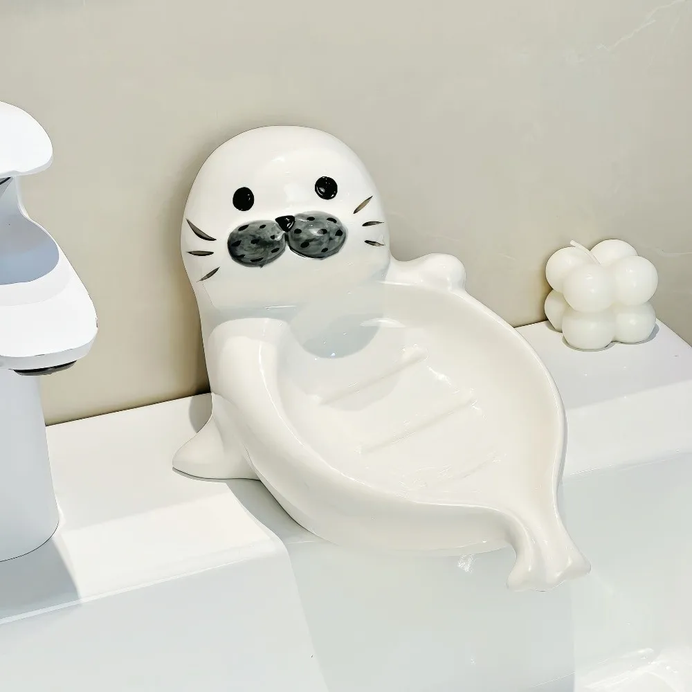 

Cute Sea Lion Soap Dish Soap Box Drainable Self Draining Soap Holder Soap Container Ceramic Bathroom Decor Organizer Countertop