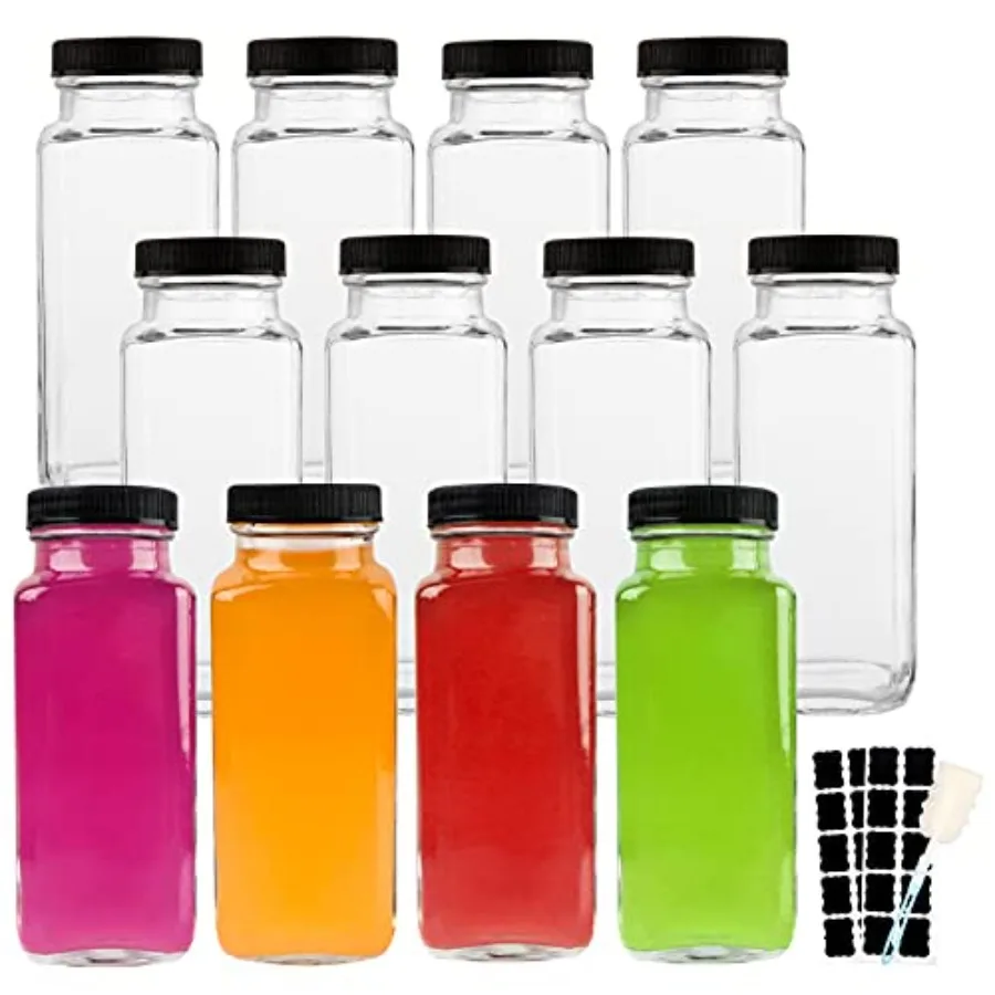 Botellas de vidrio para bebidas de 8.5 onzas, juego de 12 botellas de agua de vidrio vintage con tapas, ideales para almacenar jugos, leche, bebidas, kombucha