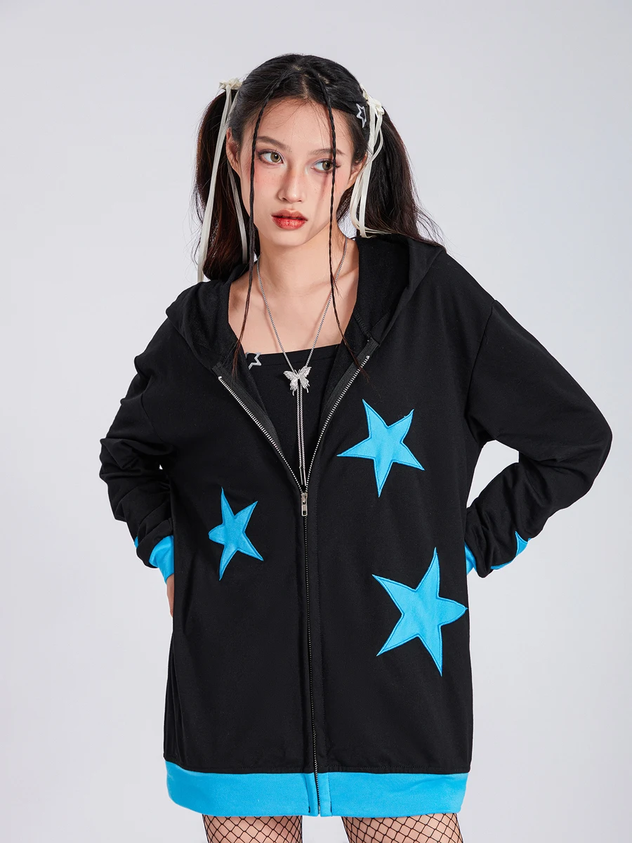 

Gothic Oversized Sweatshirt for Women Fall Zip Up Long Sleeve Stars Pattern Y2k Teen Girls Hoodie Jacket Cute Outerwear Fall