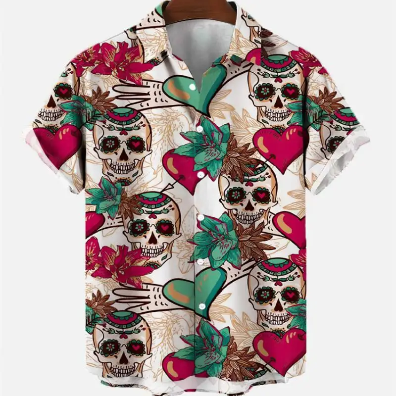 Summer Men\'s Fashion Casual Social Hawaiian Floral Skull Short Sleeve Shirt Luxury Elegant Dazn Vintage Vacation Resorts Clothin