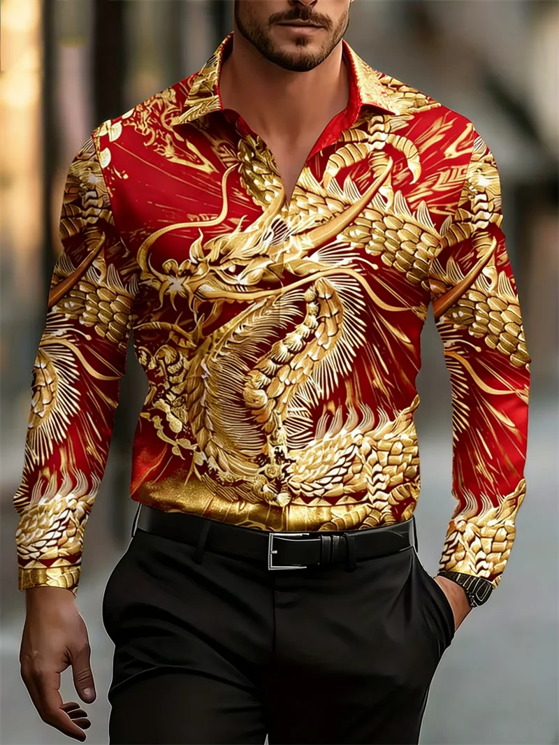 

Новая мужская рубашка с длинным рукавом, китайская рубашка Loong HD с 3D принтом и лацканами, модный повседневный уличный топ