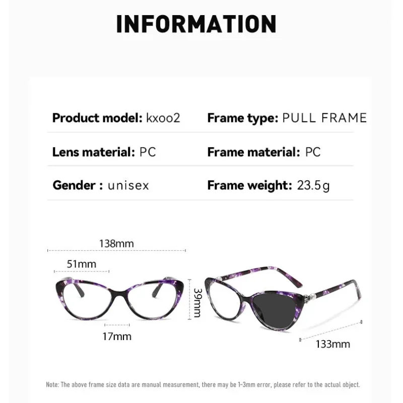 Ladies Fashion Multifocal Presbyopia Glasses Luxury Cat Eye Outdoor Anti-UV Eyeglasses Prescription Photochromic Bifocal Eyewear