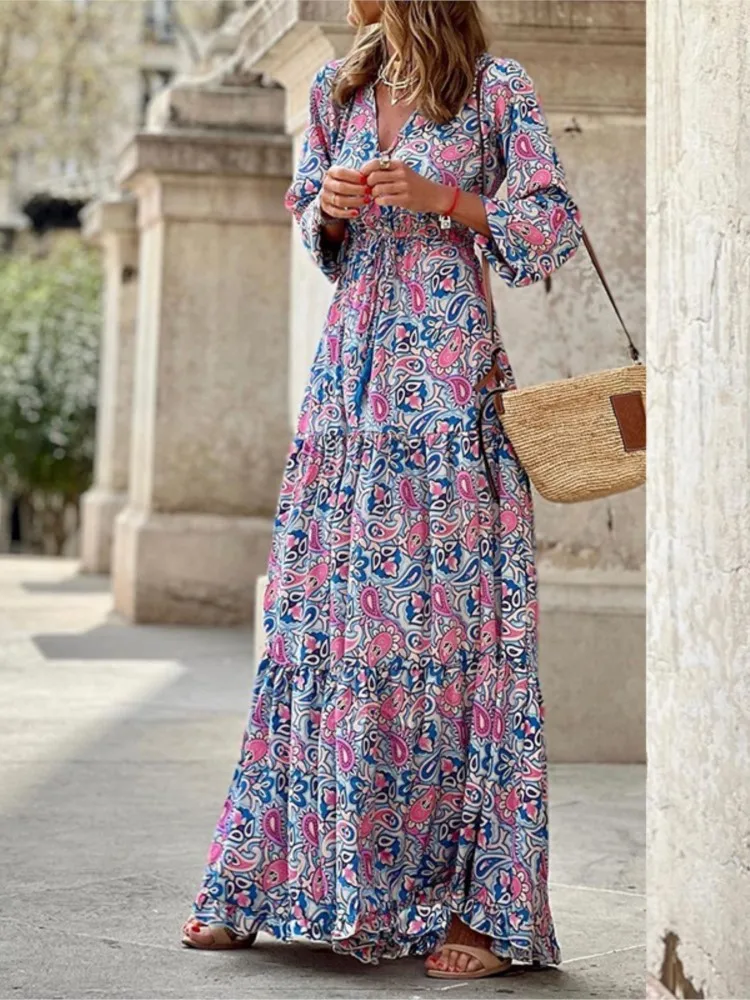 

Elegant V-neck Long-sleeved Dress For Women Spring Autumn Fashion Ethnic Style Printing Long Casual Loose Boho Dresses Female