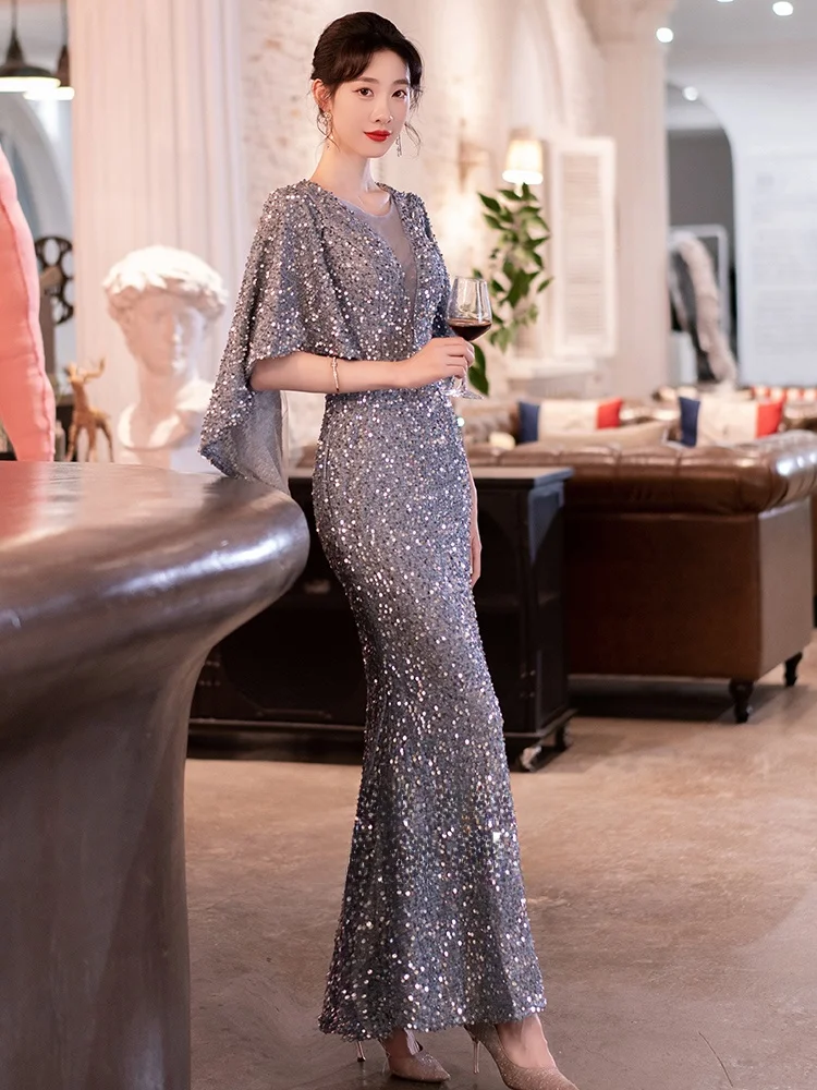 Elegant V-Neck Long Evening Gown Women's Birthday Party Ball Dress Sparkling Fish Tail Sequin High-End Luxury Elegant Sweet H... - view 3