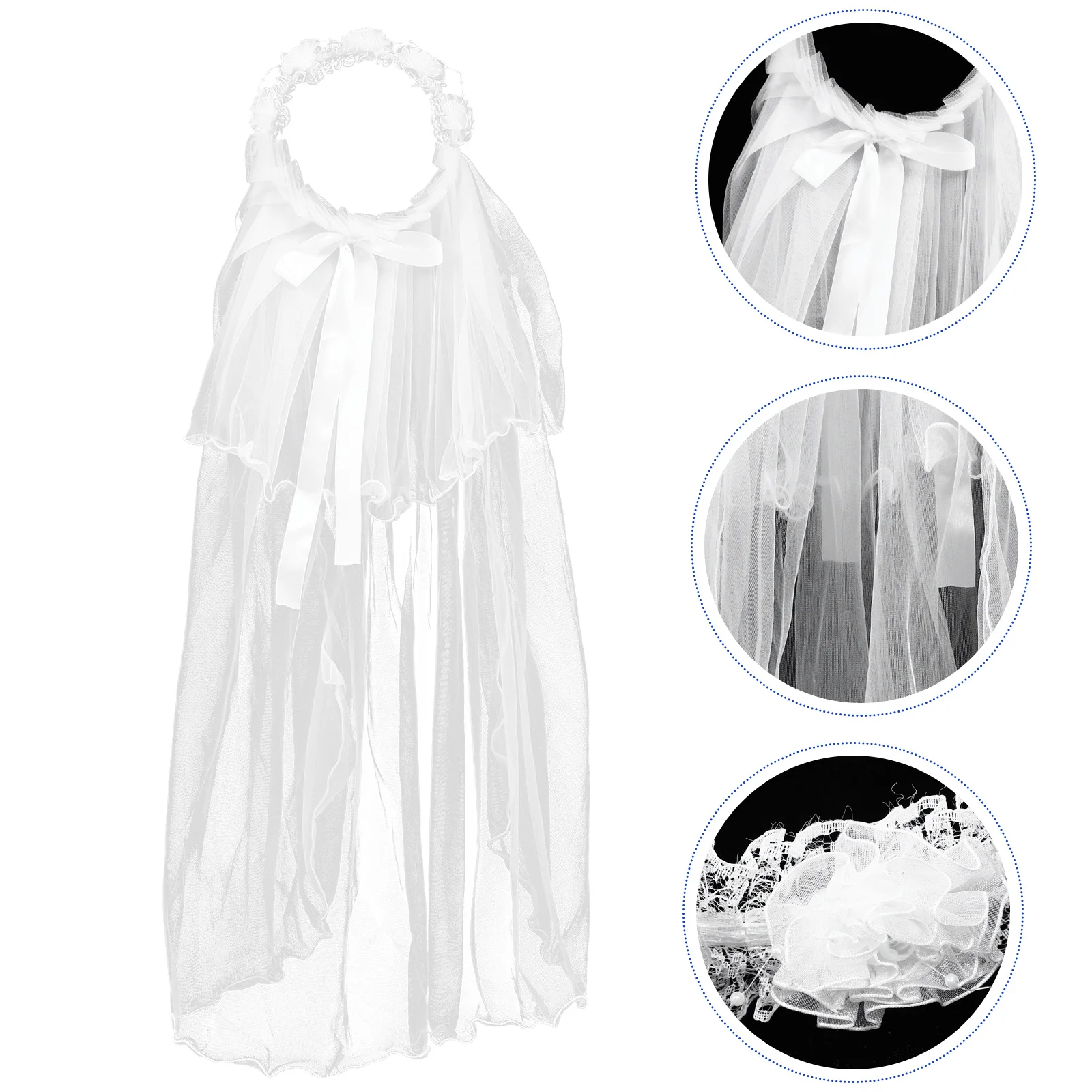 Velo de corona floral para el pelo con cuentas colgantes y flujo de gasa para bodas, festivales, fiestas, niña de las flores blanca de dos capas