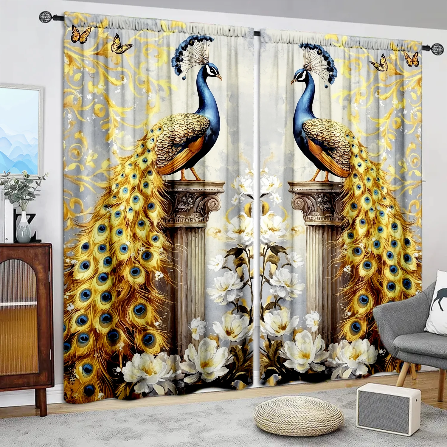 

2pcs Splendid Peacock Printed Curtain for Home Decor - Rod Pocket Window Treatment for Bedroom, Office, Kitchen, Living Room
