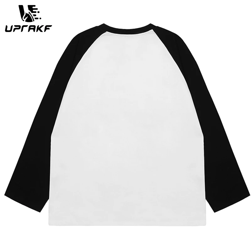 UPRAKF Y2K Streetwear Letter Print Patchwork Loose Cotton Black and White Tops Korean Style Hip Hop Oversize Long Sleeve Kpop