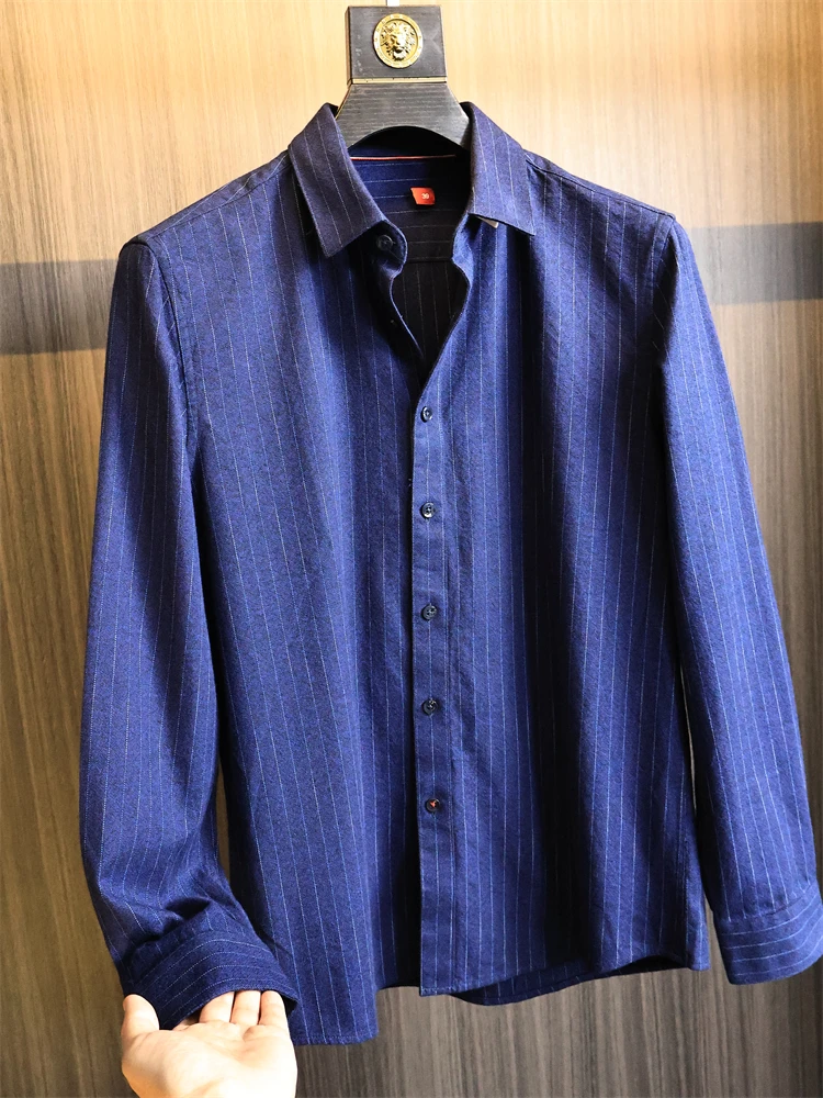 

Осенняя мода, городские мужские длинные све irt, фланелевые, приятные для кожи, теплый воротник, деловые, повседневные, в полоску, хлопок irt