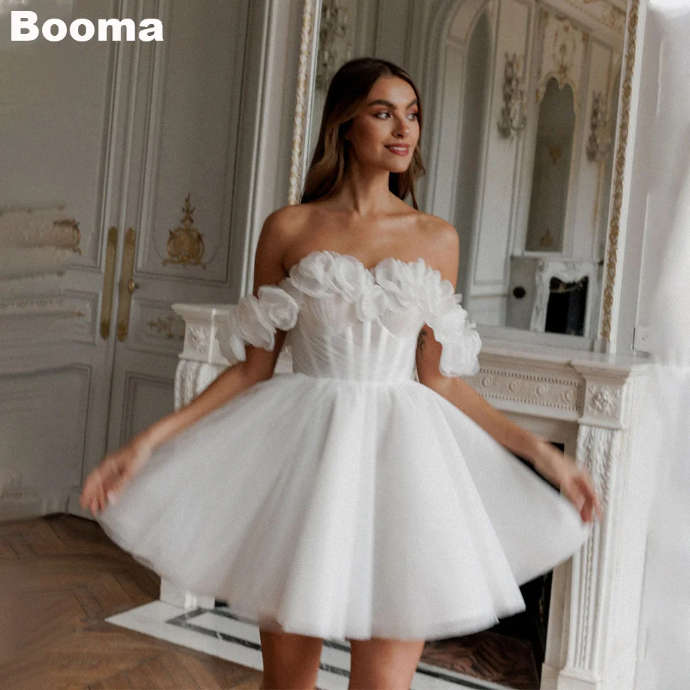 

Booma A-Line Short Wedding Dresses Off the Shoulder 3D Flowers Brides Party Dress for Women Lace Up Bridals Cocktail Gowns