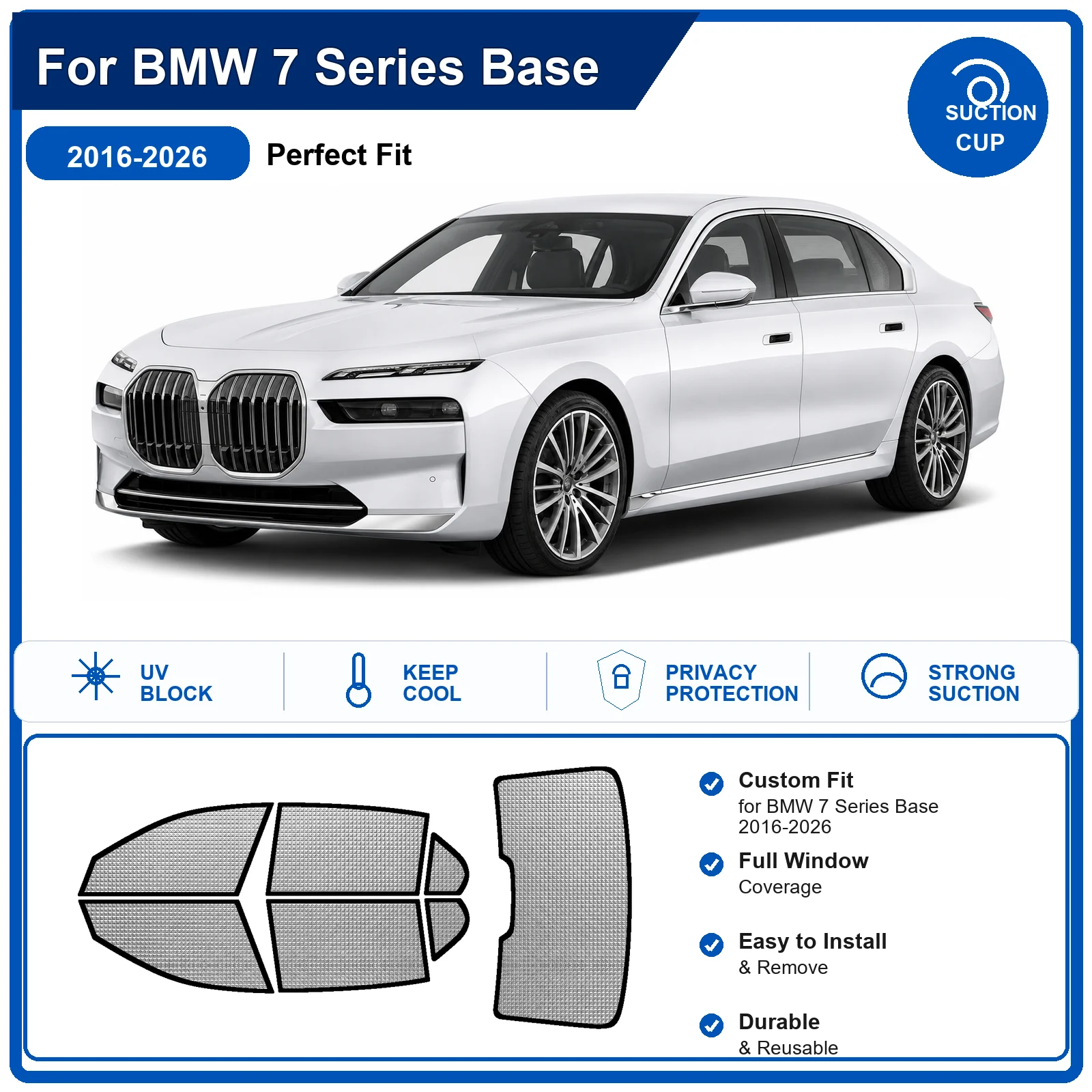 Для BMW 7 серии (базовая комплектация) 2016-2026: Полный комплект солнцезащитных шторок на лобовое стекло из алюминиевой фольги, теплоизоляционные, с защитой от УФ-лучей, складные