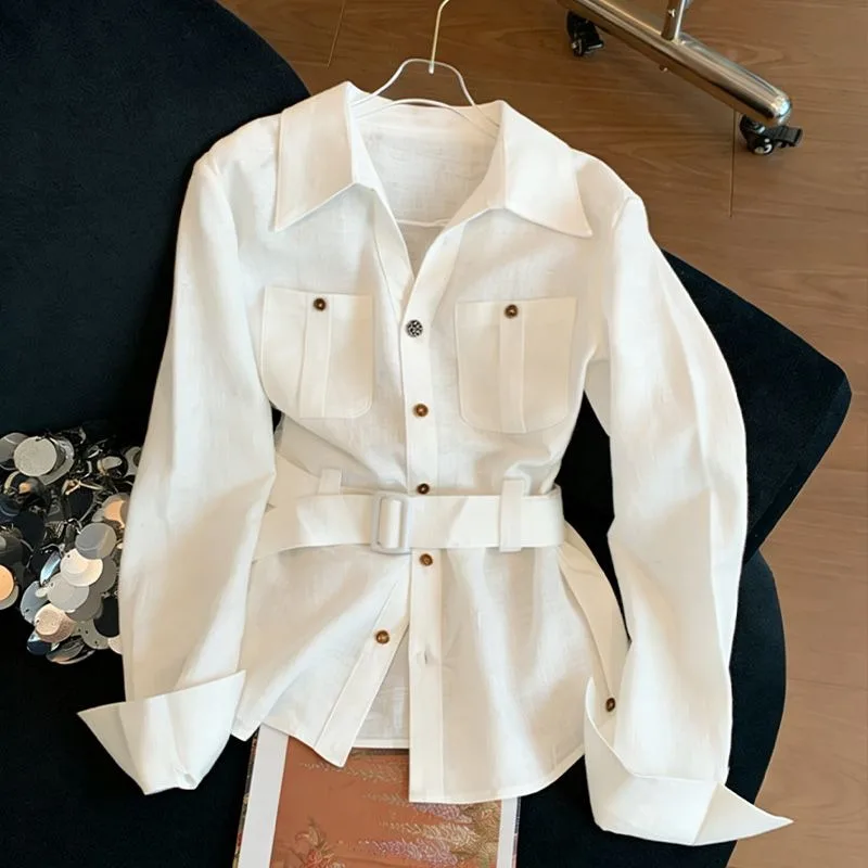 

Old Qianfeng Spring 2026 New Women's Clothing White Lapel Waist Temperament Shirt Simple Temperament Versatile Shirt