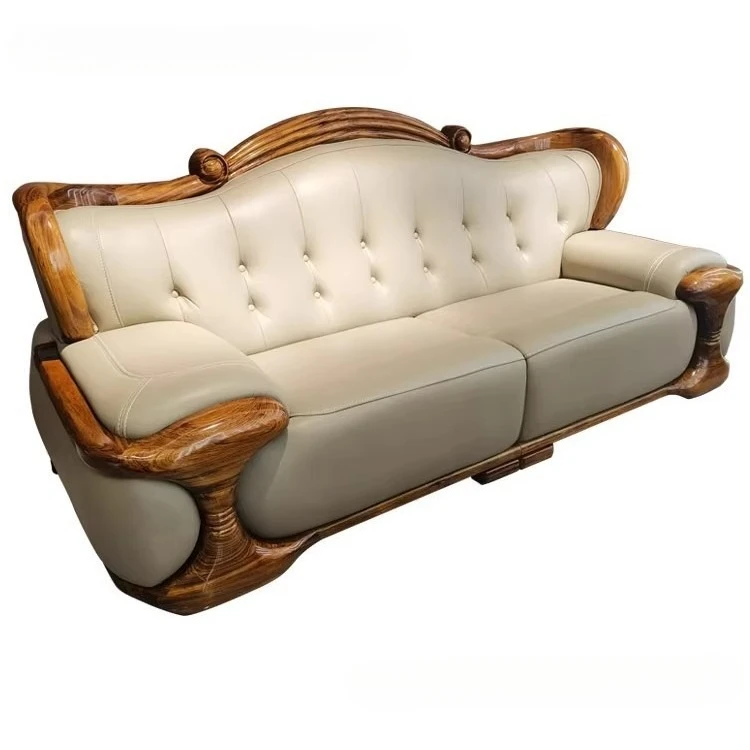 New Chinese ebony leather solid wood sofa living room 123 combination whole house work-type solid wood villa sofa