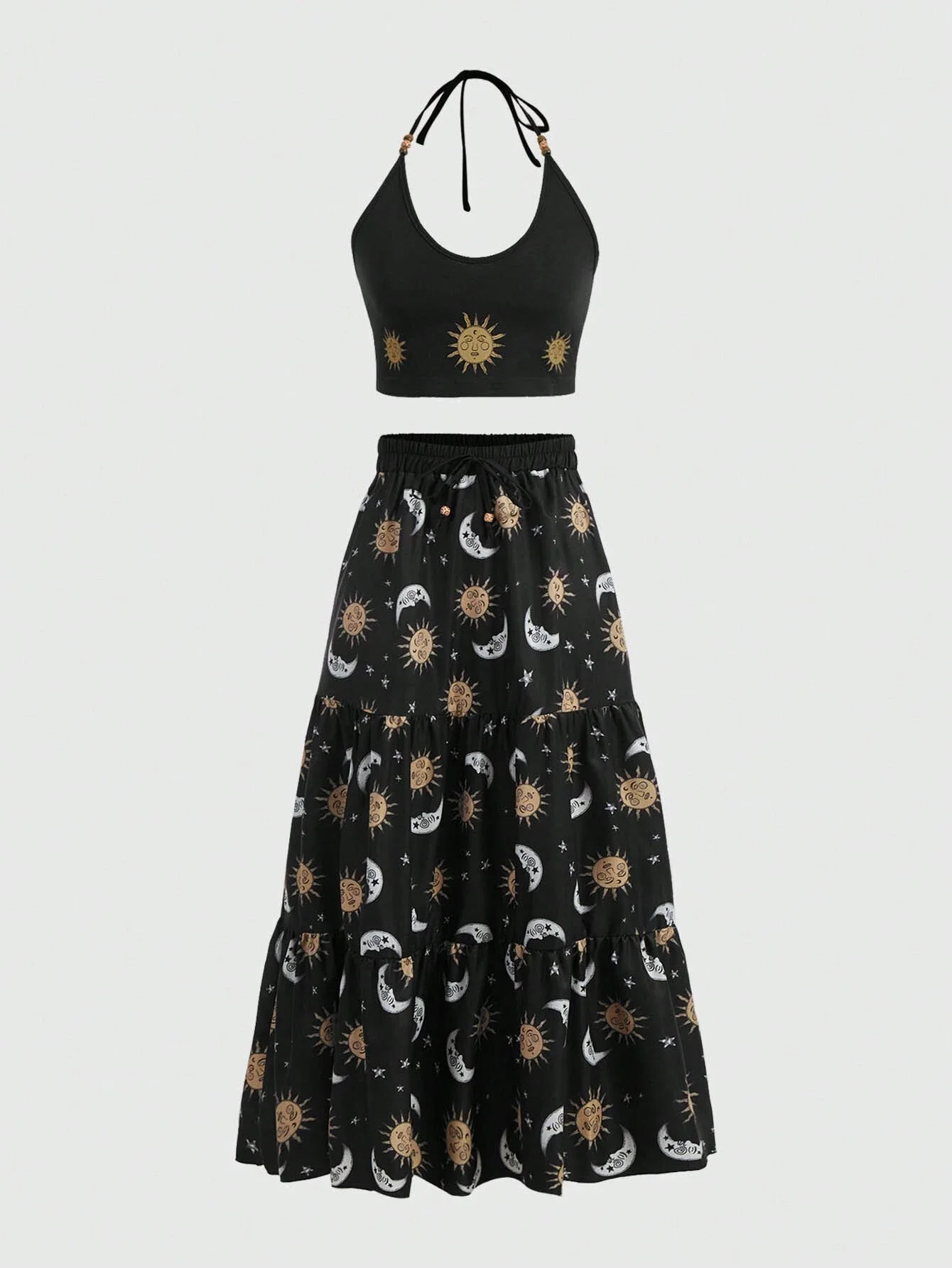 

Комплект из топа с принтом солнца и луны в богемном стиле и юбки с рюшами по низу