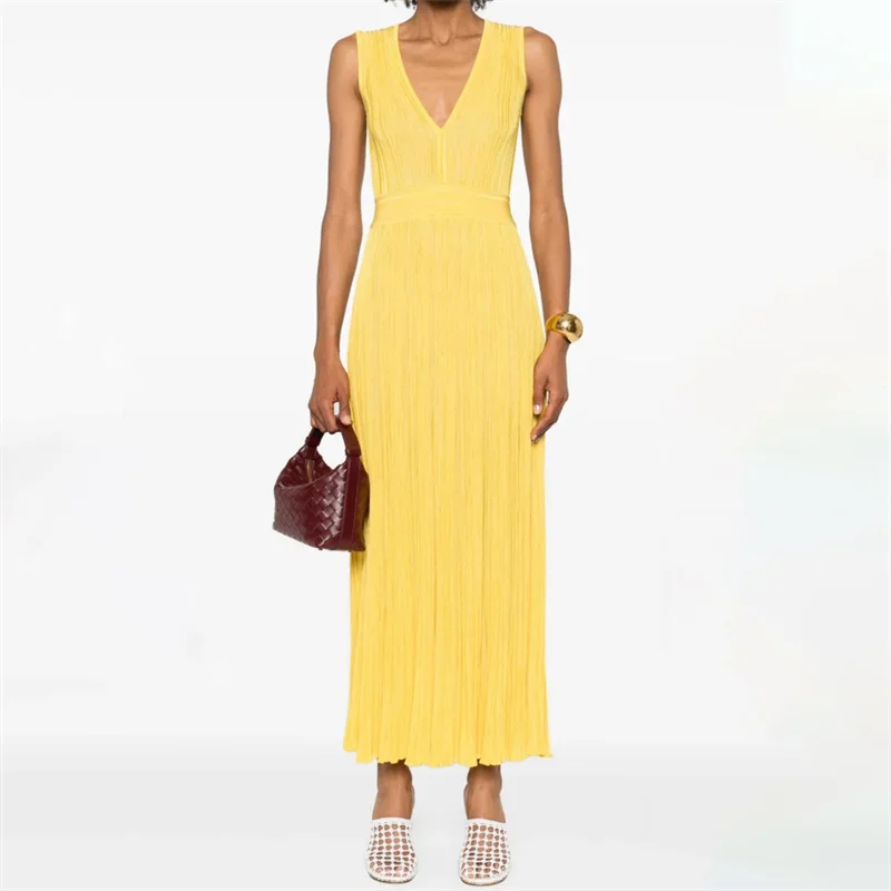 

Women's dress New elastic knitted V-neck long dresses for summer 2025 Waist waist slim fit sleeveless midi dresses Party dresses