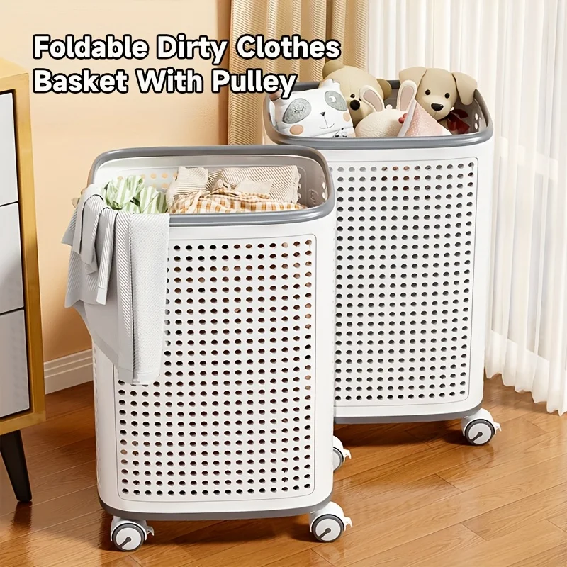 

1pc Foldable Medium/Large White Laundry Baskets with Lid, white, Multi-Functional Portable Dirty Clothes Hamper with Wheels for