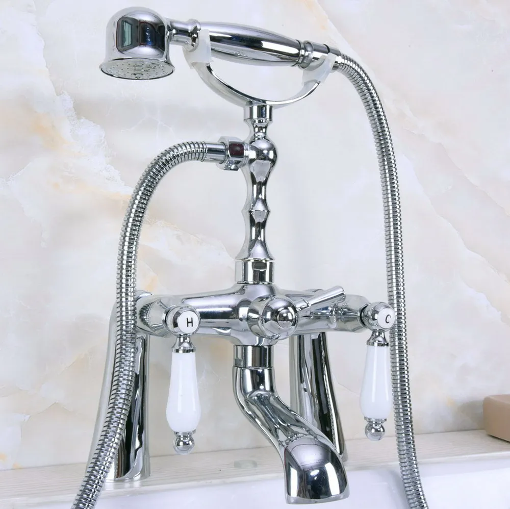 Polished Chrome Brass Double Handle Deck Mount Bathroom Bath Tub Faucet Set with Hand Held Shower Spray Mixer Tap 2na111