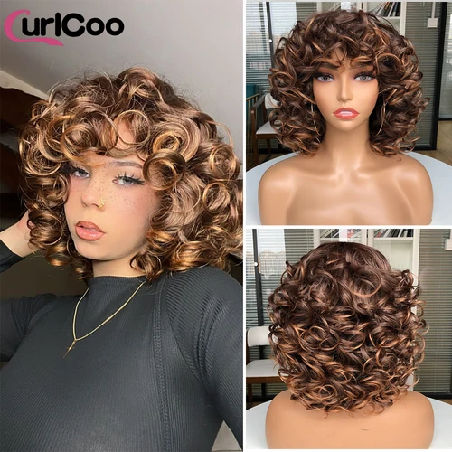 Imagen 2 del producto Pelucas rizadas Afro de pelo corto con flequillo para mujeres negras pelo sintético esponjoso africano ombré marrón Rubio pelo de fibra Natural