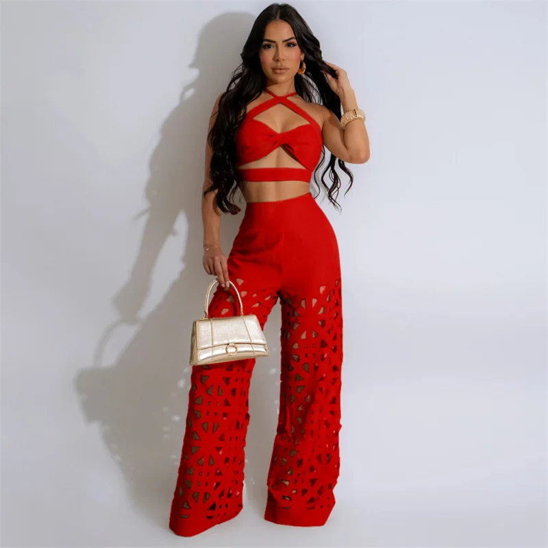 Summer Party Sexy 2 Piece Sets Women High Waist Hollow Out Loose Wide Leg Pants and Backless Strap Crop Top Night Club Outfits