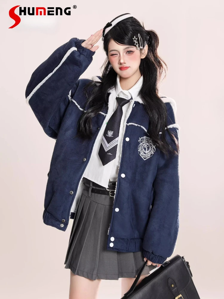 

Japanese Retro Preppy Style Embroidered Plush Navy Collar Single-Breasted Sweet Cool Girl Fleeced Coats Women's Winter Jackets