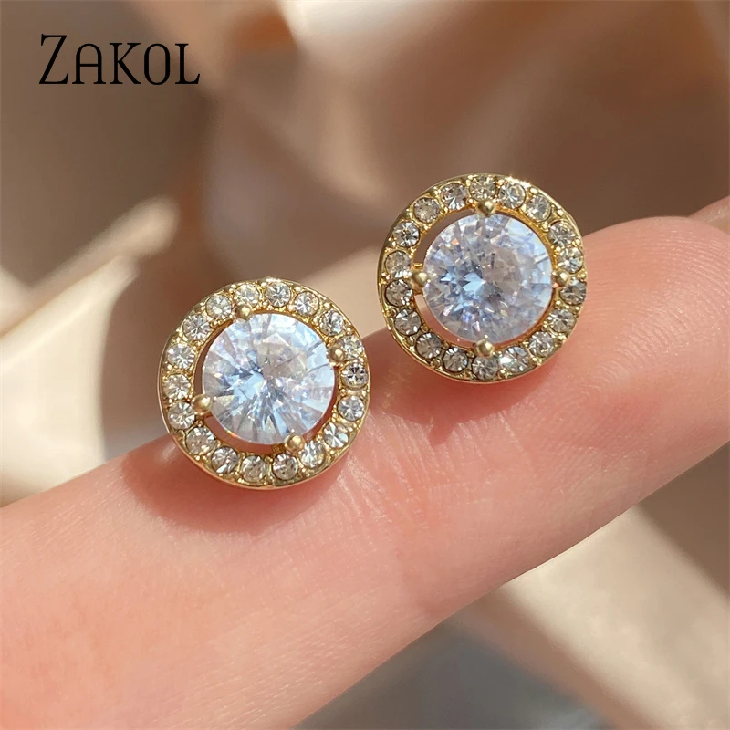 ZAKOL Fashion White Color Hearts & Arrows Stud Earrings For Women Wedding Elegant AAA Zircon Crystal Round Jewelry FSEP038