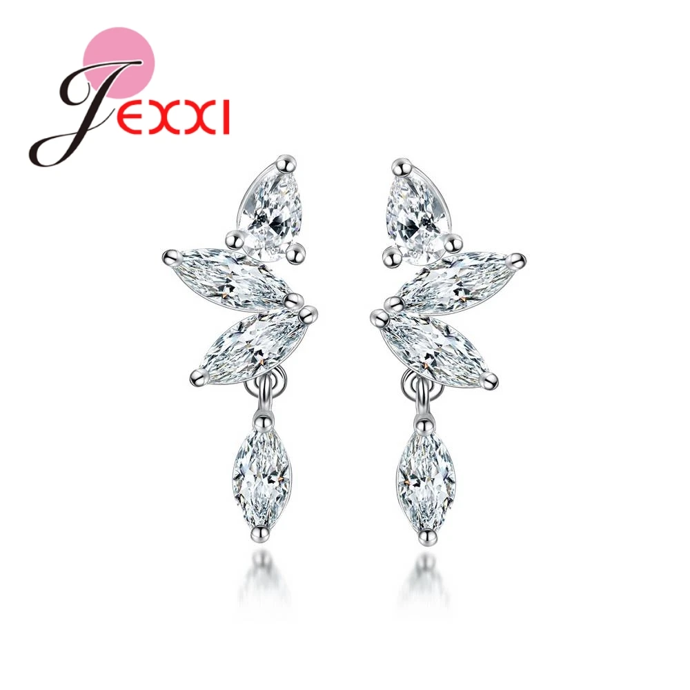 Top Quality Elegant Real 925 Sterling Silver Sparkling Zircons Leaf Drop Earrings For Women Wedding Bride Brincos Jewelry