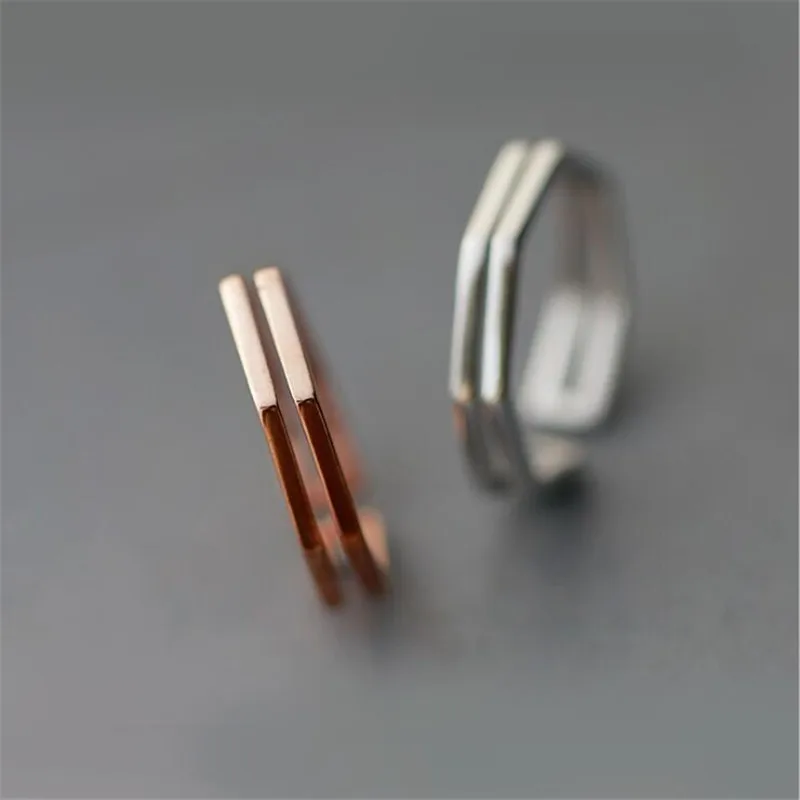 New Simple 925 Sterling Silver Jewelry Exquisite Geometric Hollow Double Fashion Opening Rings   R025
