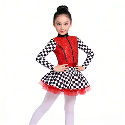 Girls Racer Racing Driver Pilot Cosplay Party Costume Ballet Tutu Dress Checkerboard Long Sleeve Mock Neck Sequin Jumpsuit