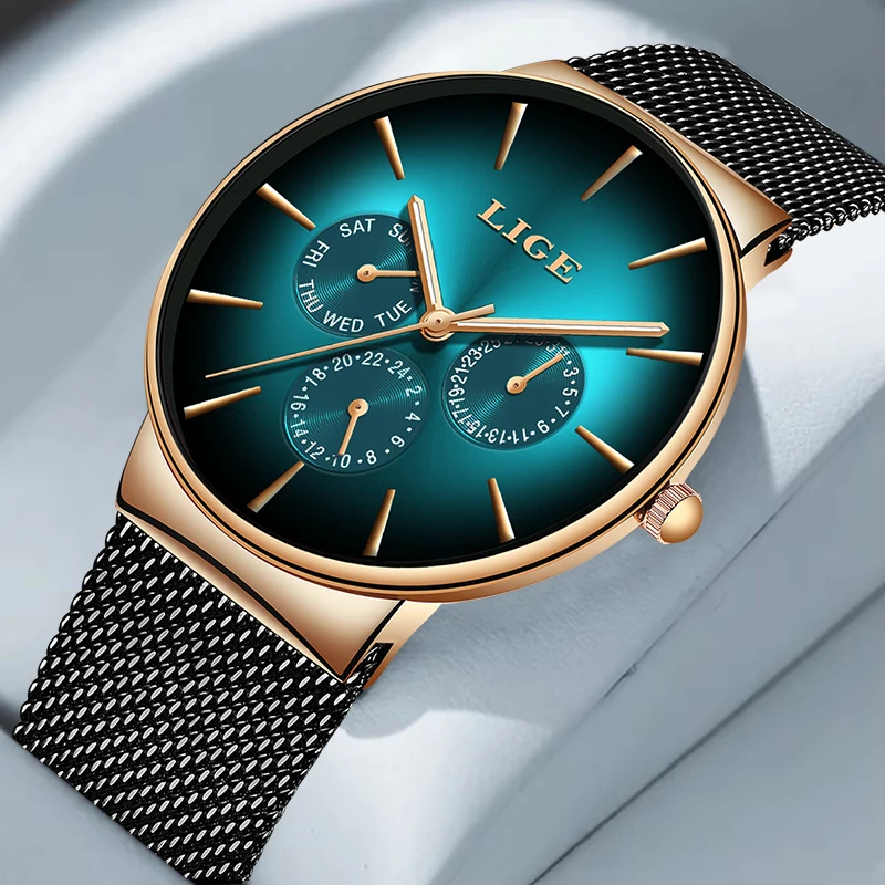 lige-カジュアルトップブランドの高級男の腕時計スポーツファッションメッシュベルトクォーツ時計男性用シンプルな日付週防水腕時計-ボックス