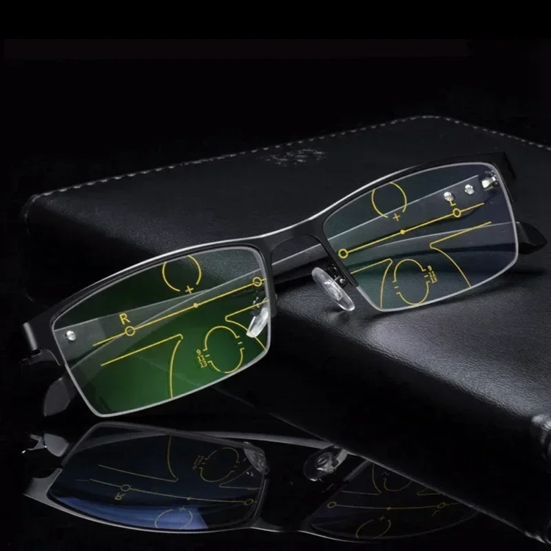 Progressive Multifokale Photochrome Lesebrille Anti-blau Licht Weit Anblick Gläser Männer Halb Rahmen Business Presbyopie Brille – Detail 8