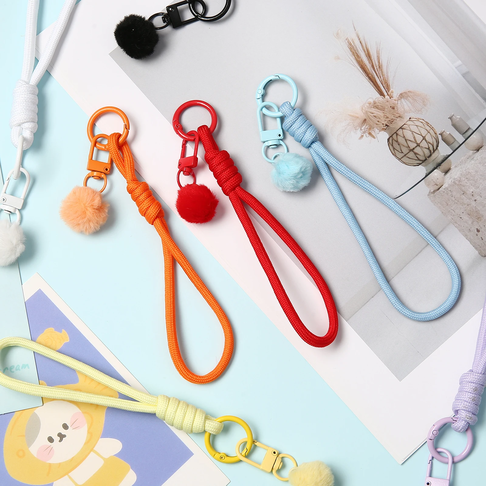Macaron Color Braided Wrist Lanyard Keychain Short Hand Wrist Strap with Plush Pom‑pom Decor Spring Clasp for Keys Bag Charms