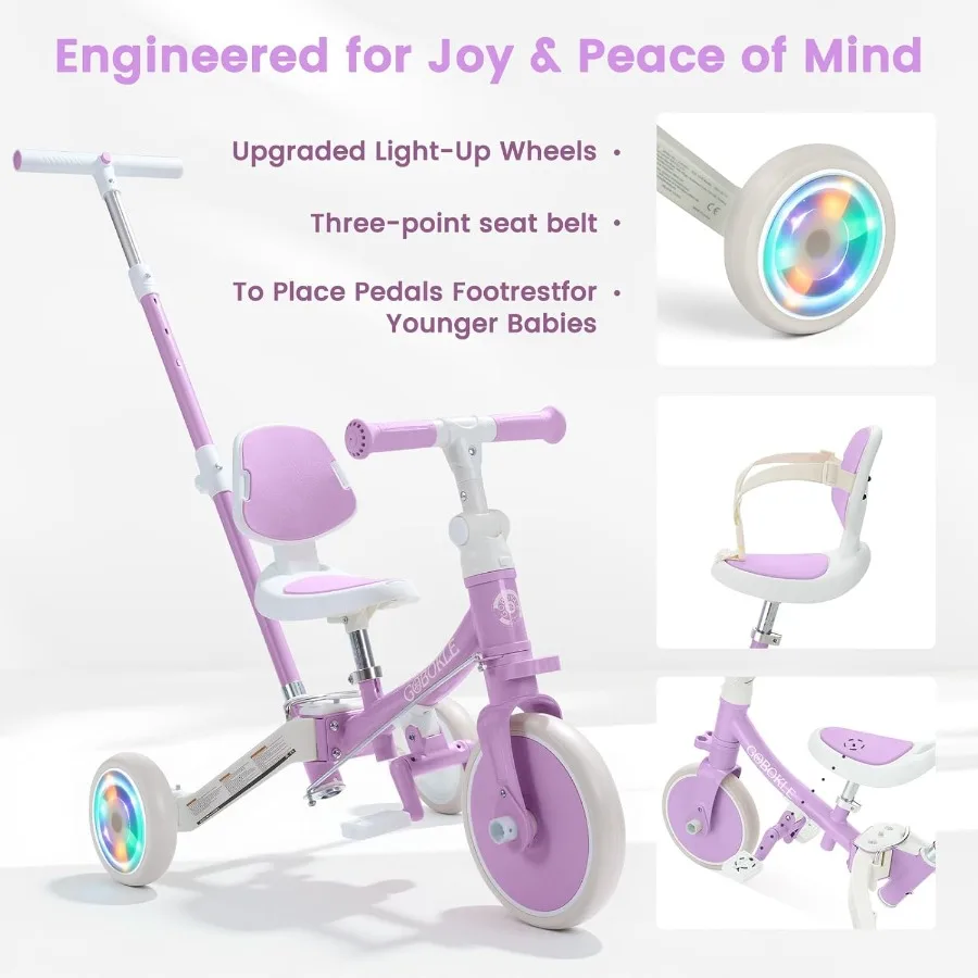 รถสามล้อเด็ก 5-in-1 สำหรับเด็กวัย 1-3 ปี แปลงเป็นจักรยานเด็กพร้อมที่จับสำหรับเข็นและแป้นเหยียบถอดได้ จักรยานทรงตัวพร้อมไฟหลากสี