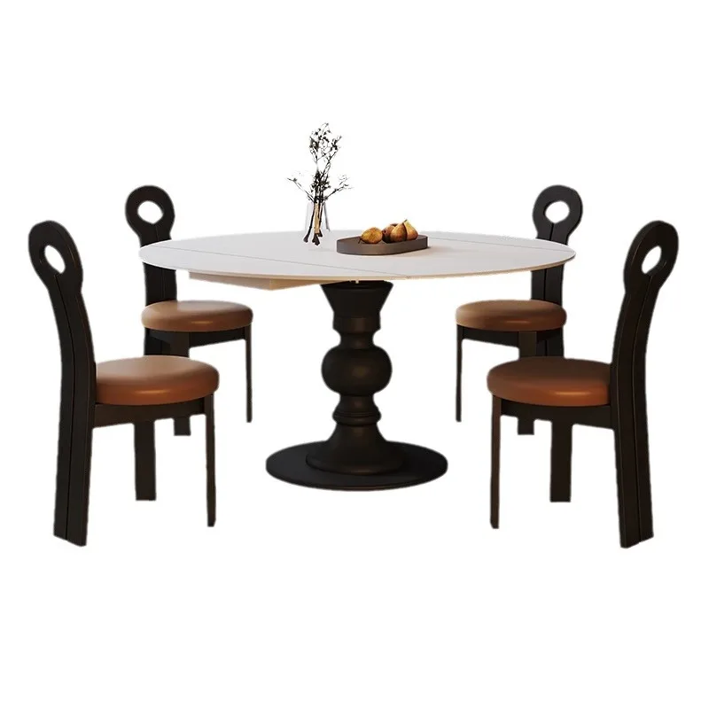

French retro solid wood rotating function dining table, small apartment rock slab dining table
