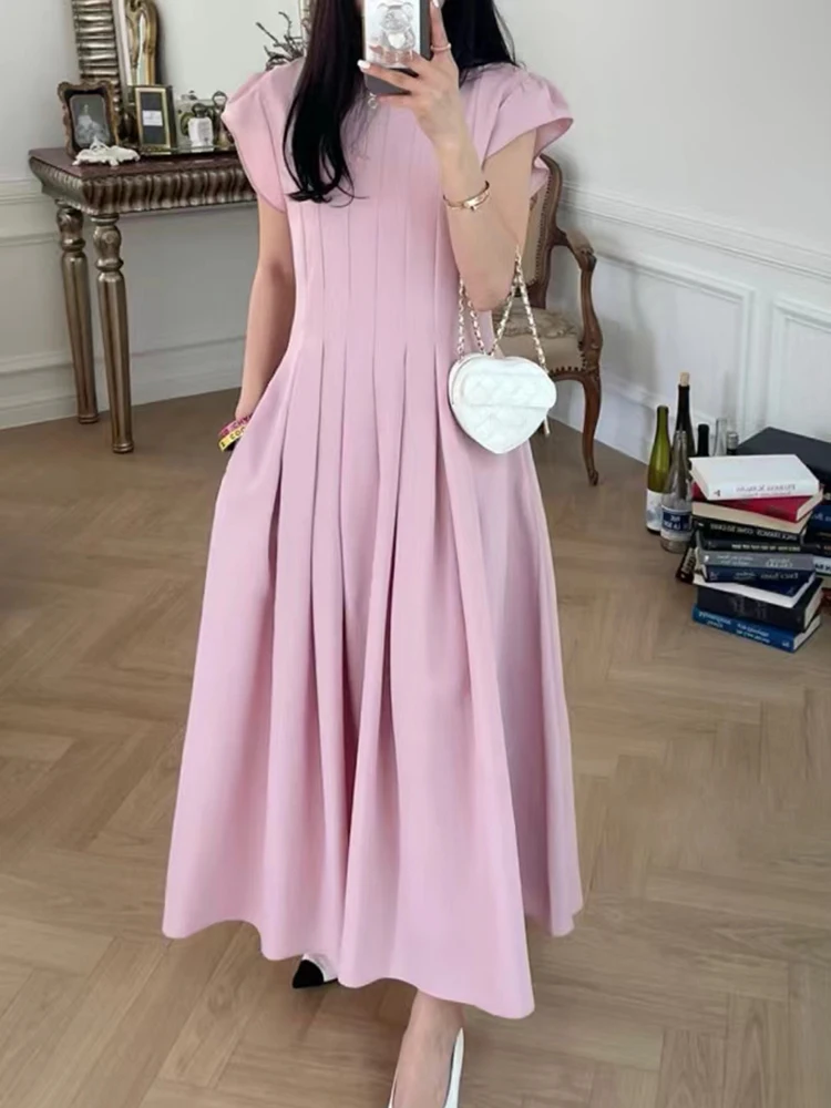 GALCAUR Pink Dress For Women O Neck Short Sleeve High Waist Sweet Temperament Dresses Female 2024 Summer Fashion Clothing Style