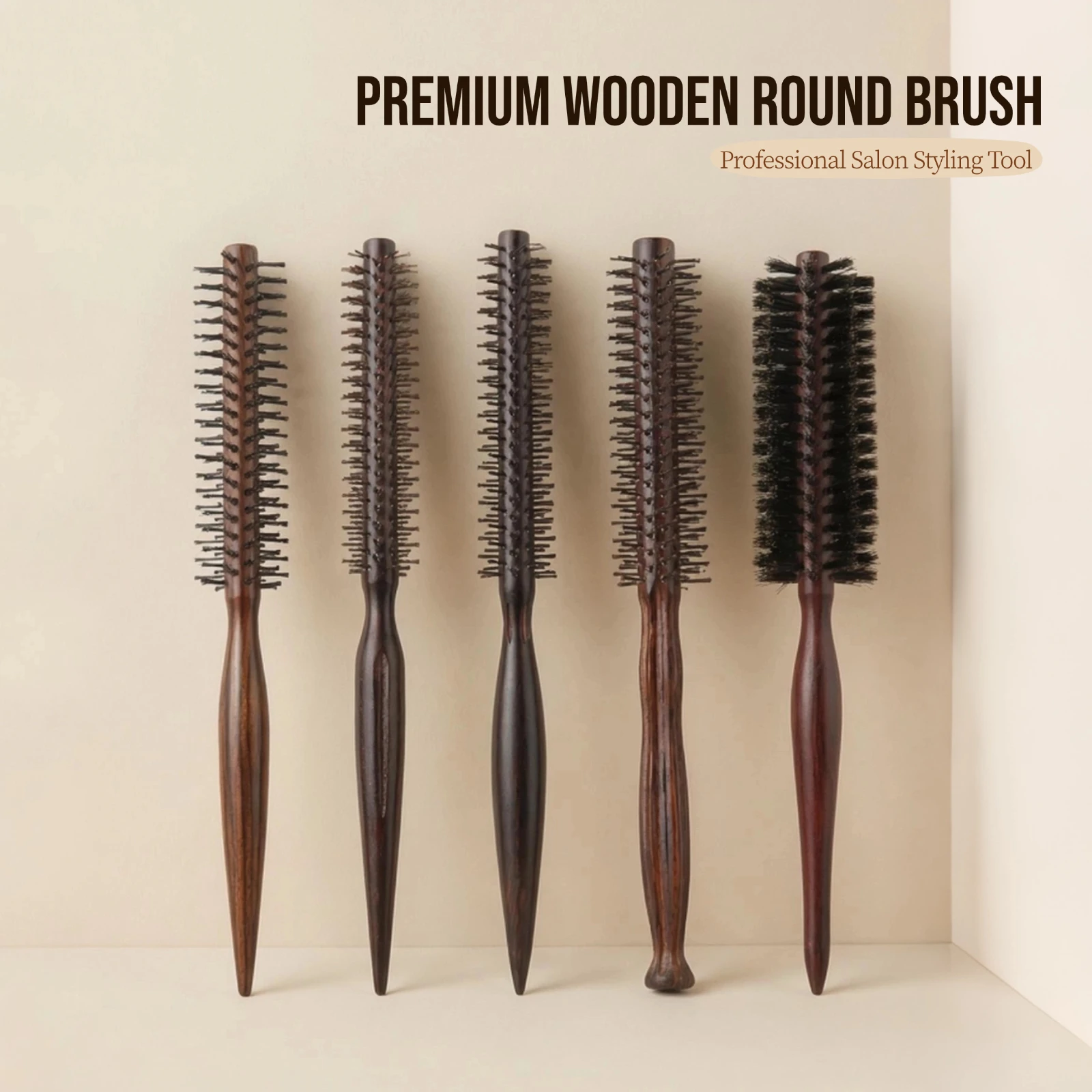 Runde Holz-Haarbürste mit Wildschweinborsten für Damen und Herren, Styling-Bürste zum Föhnen von Lockigem und Glattem Haar, Friseur-Werkzeug für Salon und Zuhause