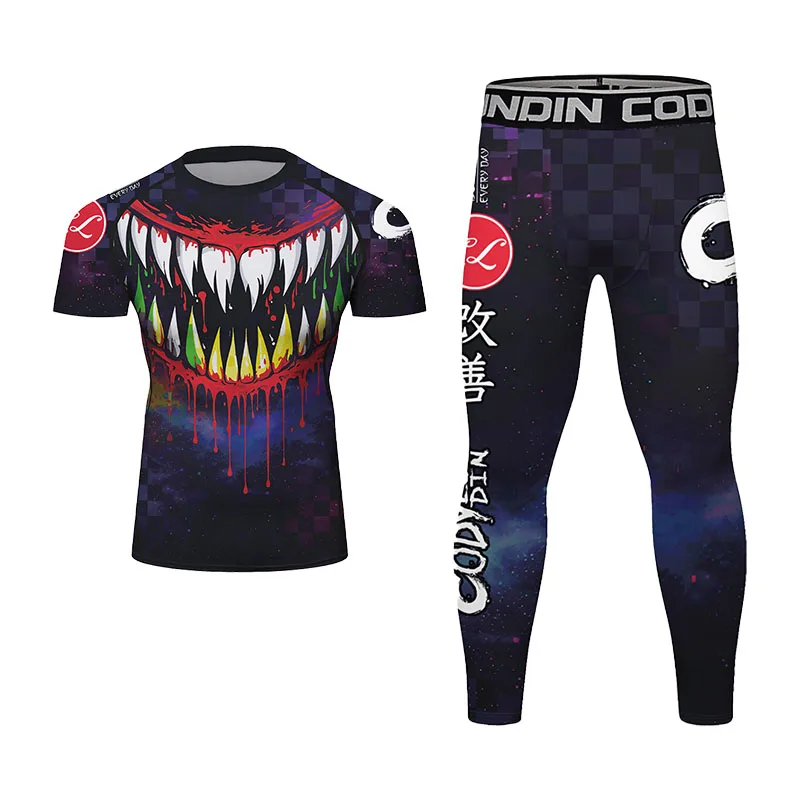Men Horror Monster Teeth Galaxy Print BJJ Rashguard Set 2‑in‑1 Fight Shorts Spats Leggings MMA Jiu‑Jitsu Training Outfit
