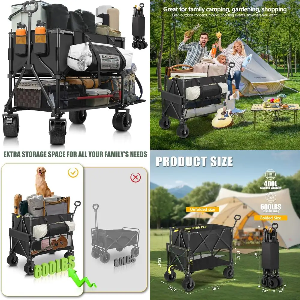 

Heavy-Duty Collapsible Utility Cart, 600 lbs Capacity, 400L Storage, Large Wheels for Outdoor Adventures and Beach Use