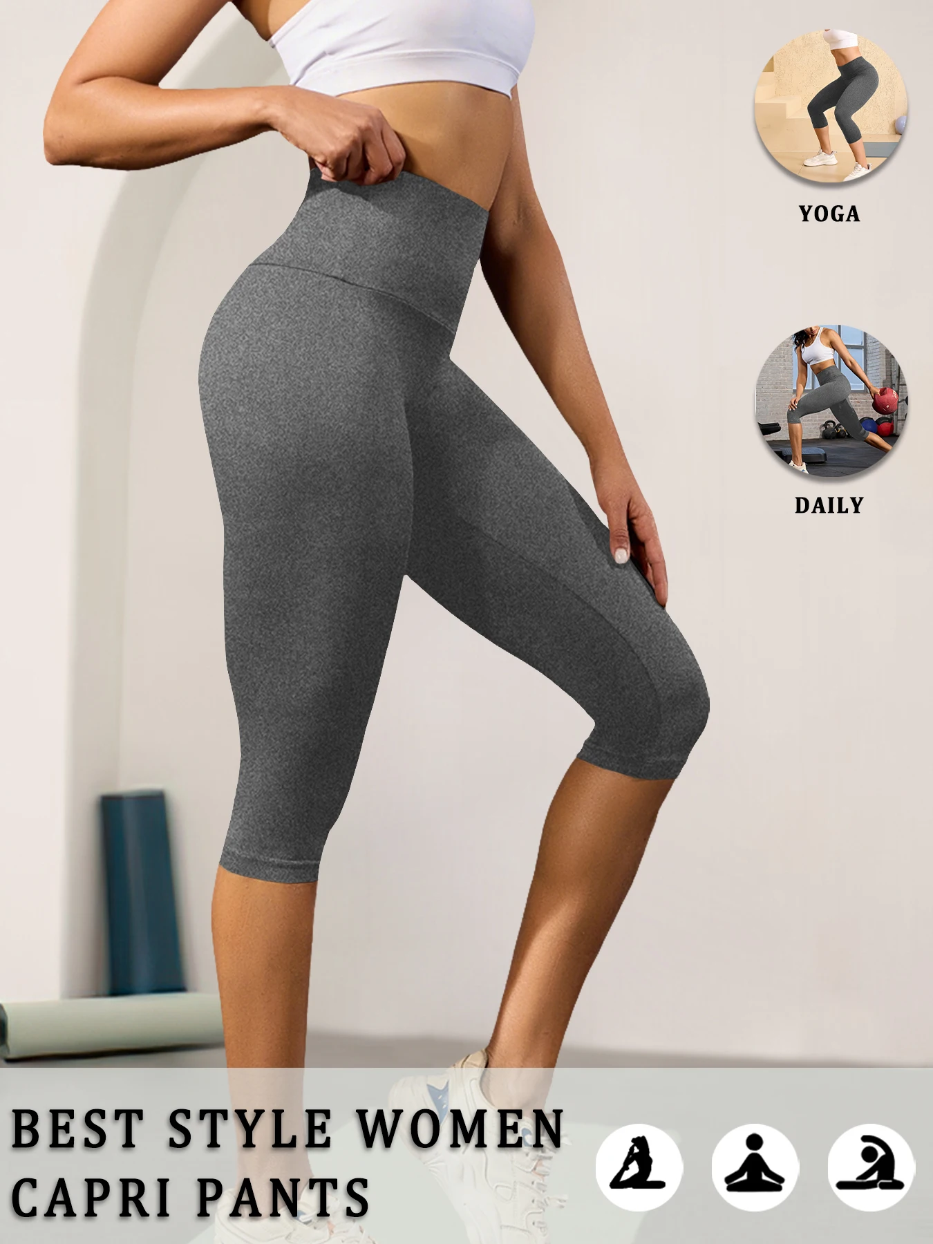 Super Soft High Waist Capri Pants Women No See Through Tummy Control Yoga Running Workout Home Wear