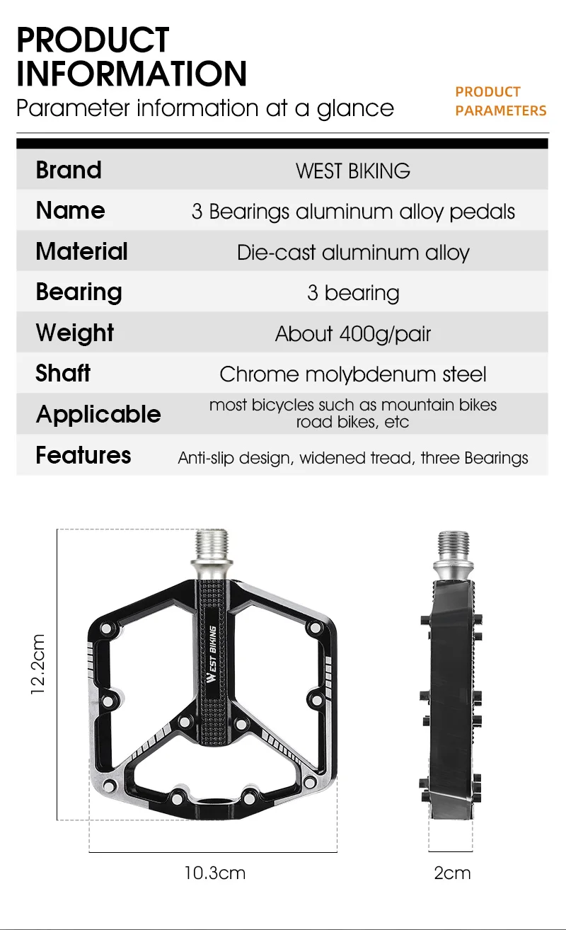 WEST BIKING 3-Lager Fahrradpedale aus Aluminiumlegierung für MTB, Mountainbike, Rennrad und BMX - Rutschfeste Flachpedale als Fahrradzubehör – Detail 4