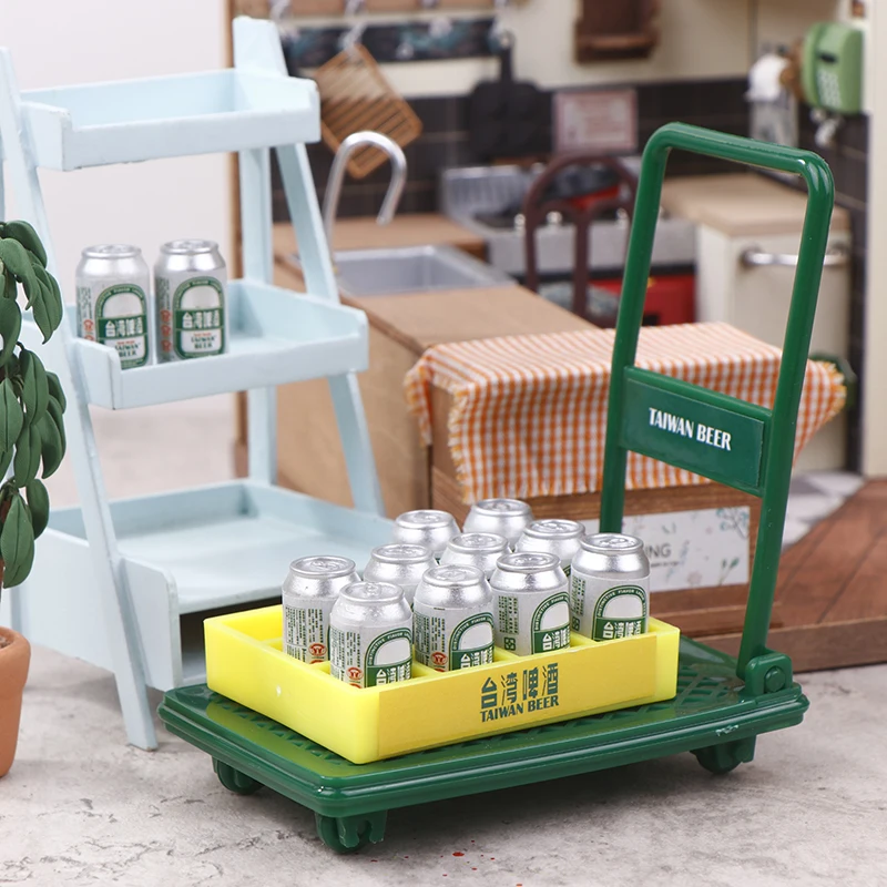 Dollhouse Mini Handcart Furniture Parts Acessório de compras Carrinho de supermercado, Caixas de bebidas, Modelo para Doll House Decor, 1 conjunto