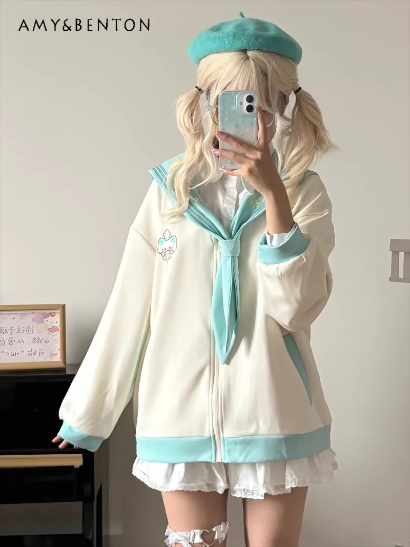 

Original Cute Cartoon Embroidered Color-blocked Navy Collar Jacket Japanese College Style Sweet Cute Loose Jackets for Women