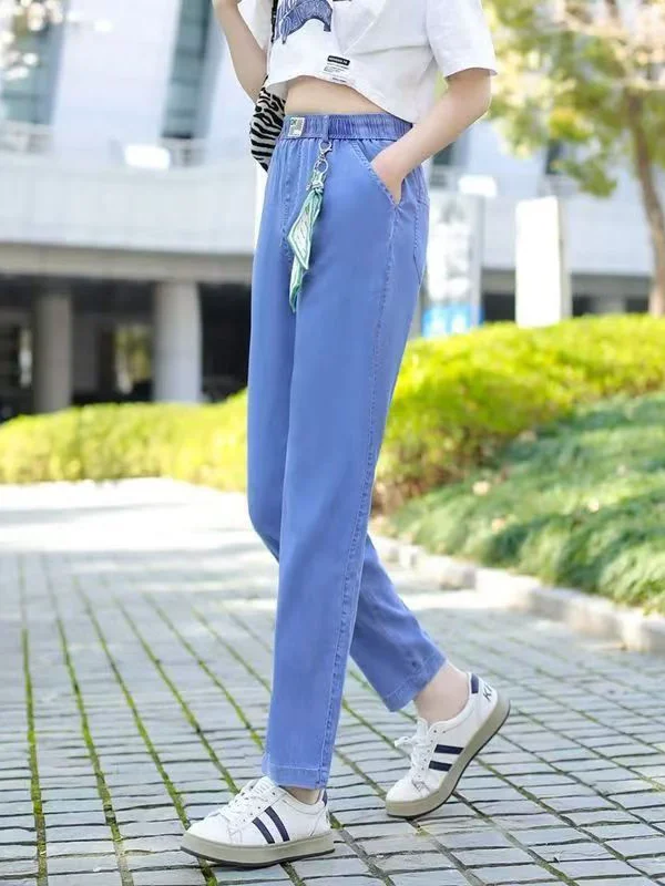 

High Waist Silk Denim Jeans Women's Summer Thin New Style Slimming Loose Nine Points Harem Pants Cleanfit Splice Elastic Soft