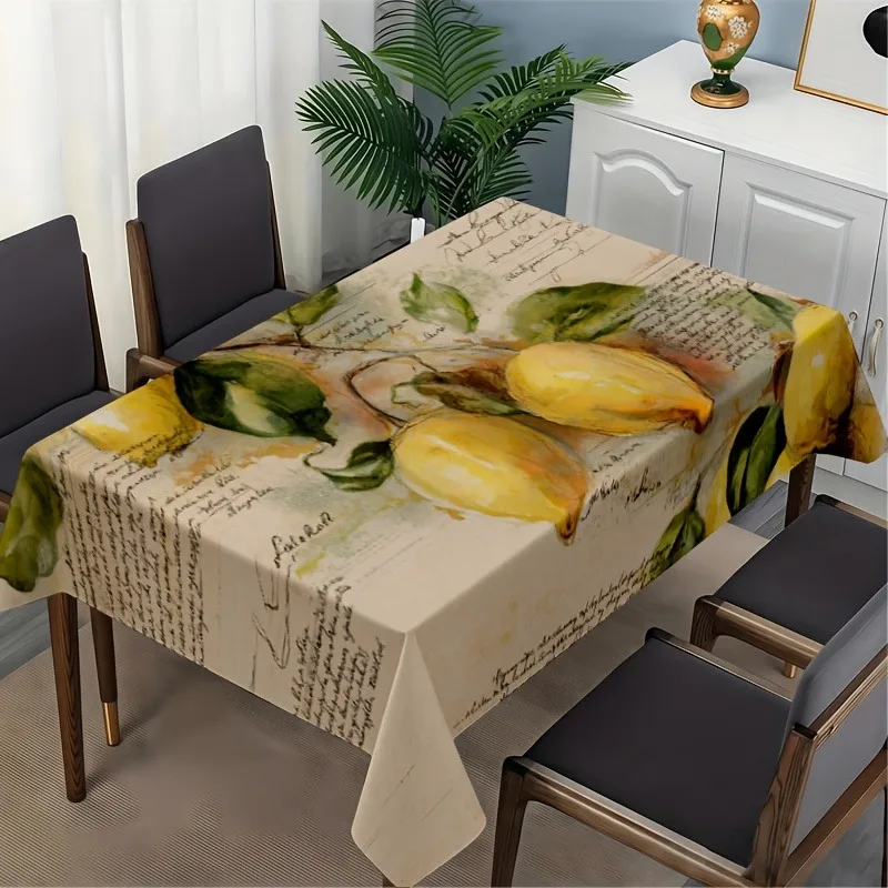 Single-sided printed soft, fashionable and beautiful lemon and handwritten lettering pattern tablecloth