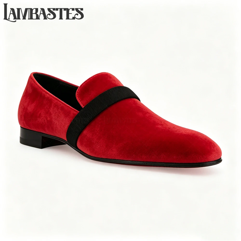 Grosgrain Strap Black Velvet Mens Loafers Handcrafted Premium Slip on Dress Shoes Soft Plush Upper Business Flat Shoes for Men