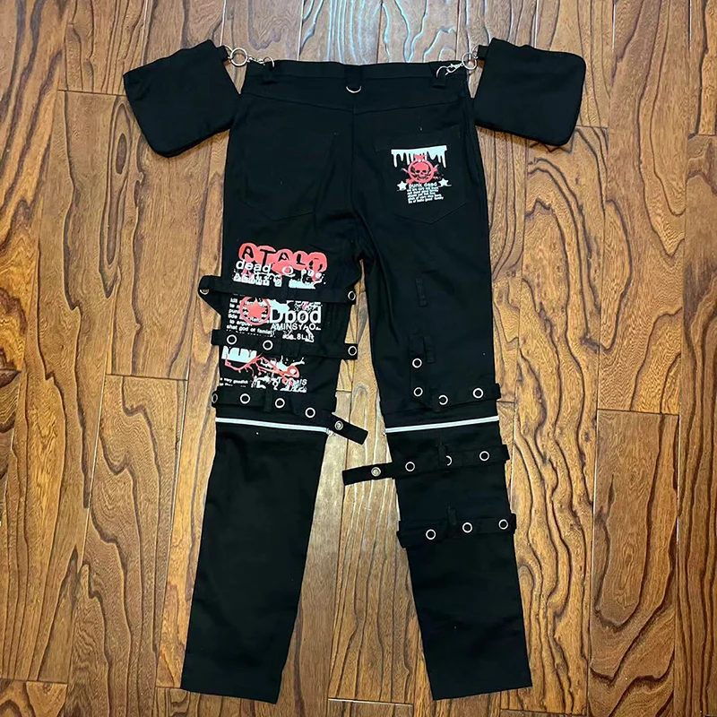 2024 Mens Kill Matt Punk Rock Japanese Jeans Rivet Pants Womens pocket Strap Skull Pattern men\'s trousers Men\'s Detachable pants