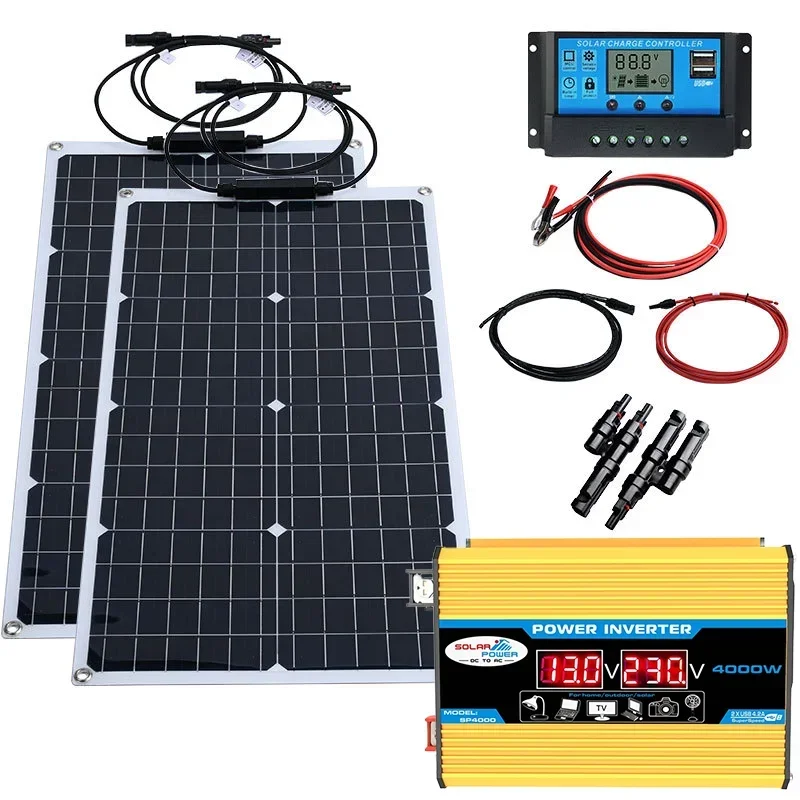 4000W 6000W off-grid zonne-energieset – 4000W zonnepaneel + 110V/220V omvormer + 12V batterijcontroller voor thuisback-up