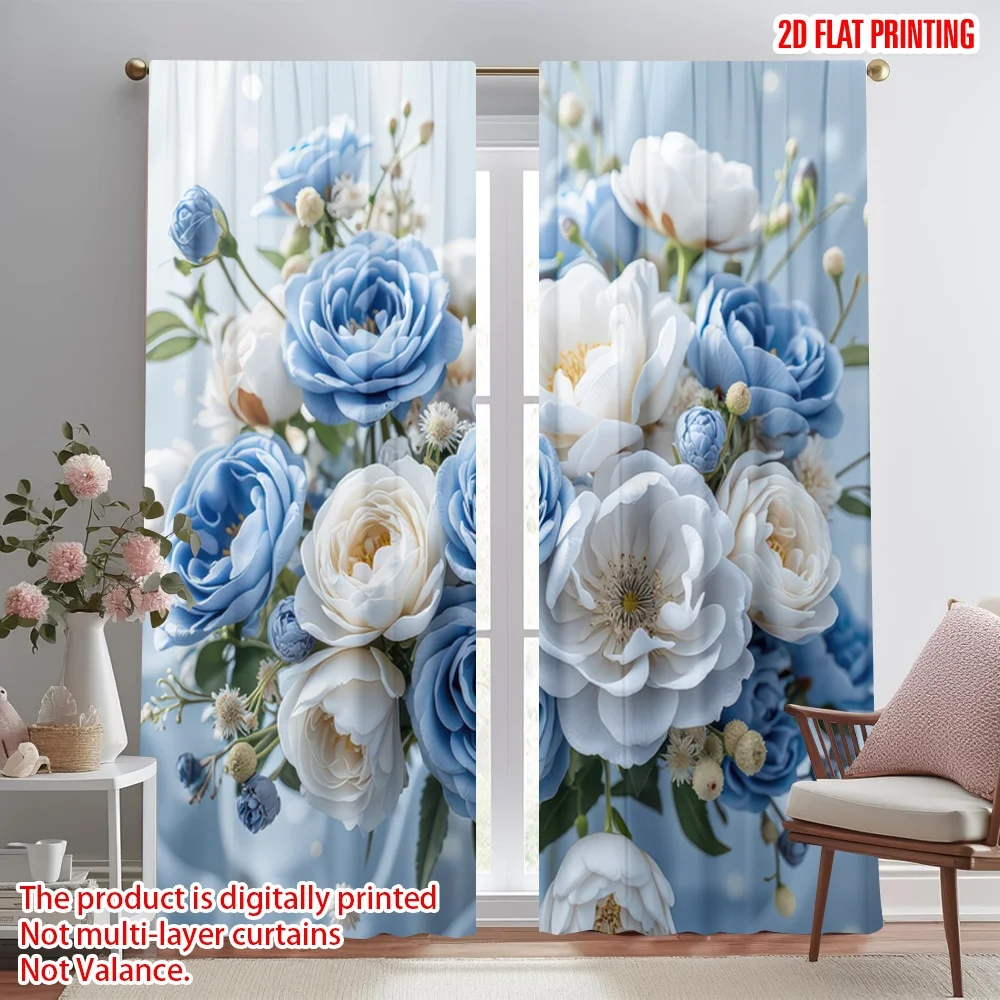 

2D flat printing 2pcs Curtains Blue and White Floral Bouquet Digital Printed Polyester Drapes Party Decorations Perfect for Yard