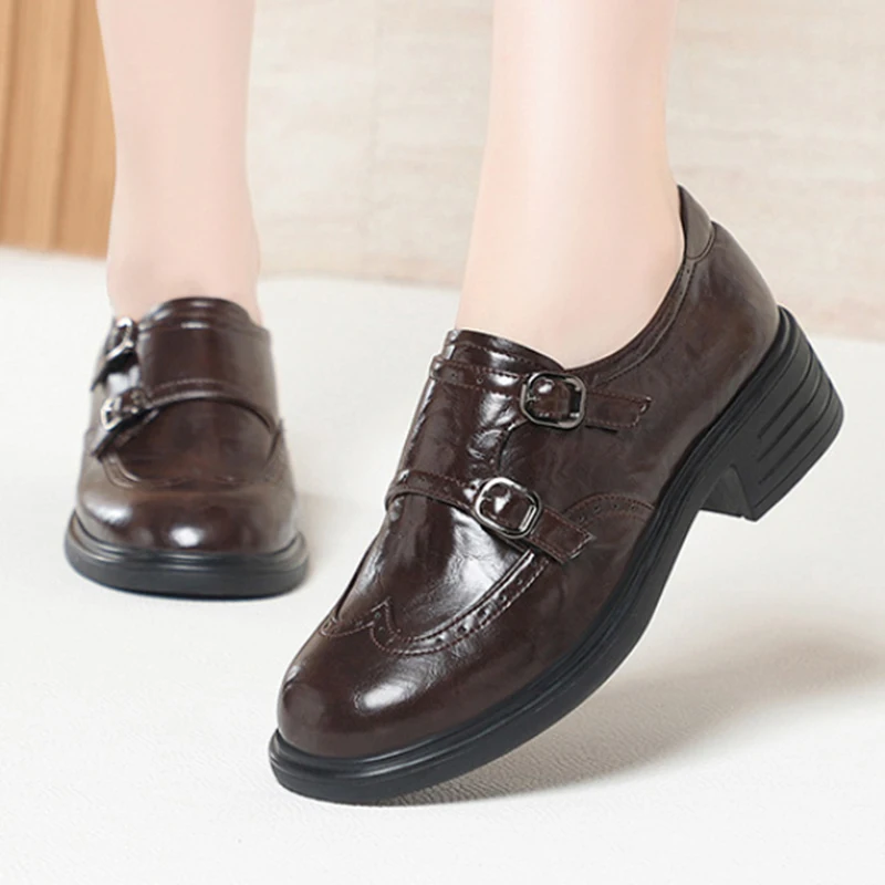 

Womens 2026 New Brown Leather Brogue Chunky Heel Loafers With Double Buckle Thick Non Slip Sole Comfortable Retro Casual Shoes