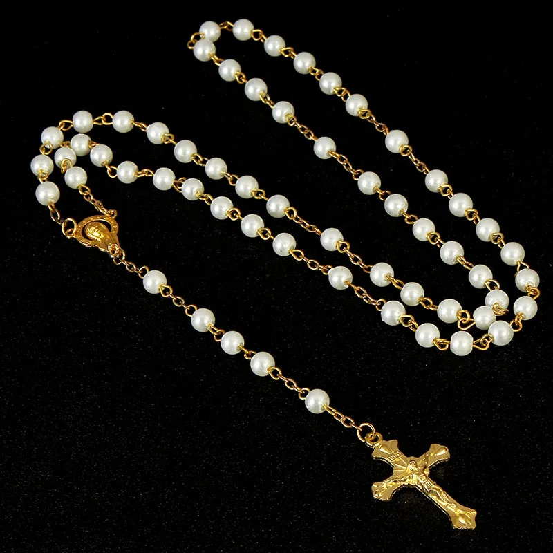 6MM Pearl Rosary Bead Necklace For Women Catholic Religious Crucifix Cross Pendant Long Chain Female Prayer Jewelry