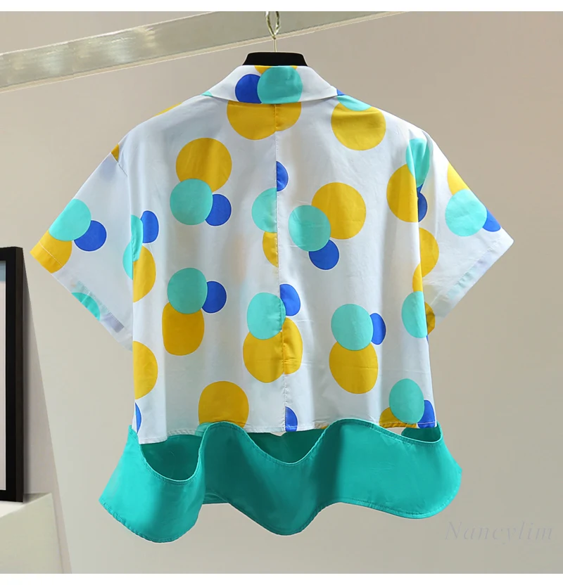 Bohemian Color Polka Dot Pullover Short-sleeved Shirt Women 2025 Summer Vacation Loose and Thin Wavy Edge Splicing Hollow Blouse